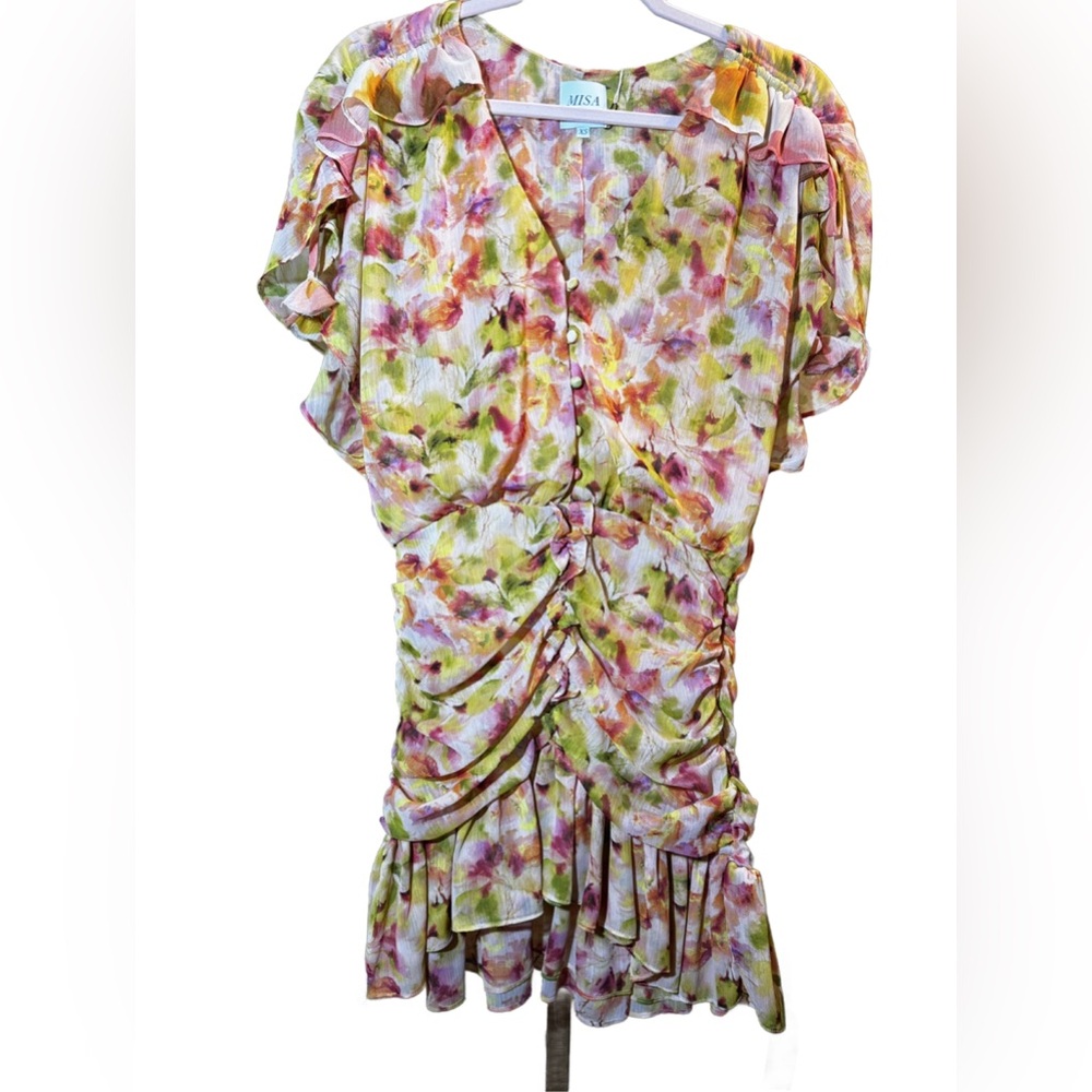 MISA TIERED RUFFLE MINI DRESS PINK FLORAL NIGHT BLOOMS SIZE XS